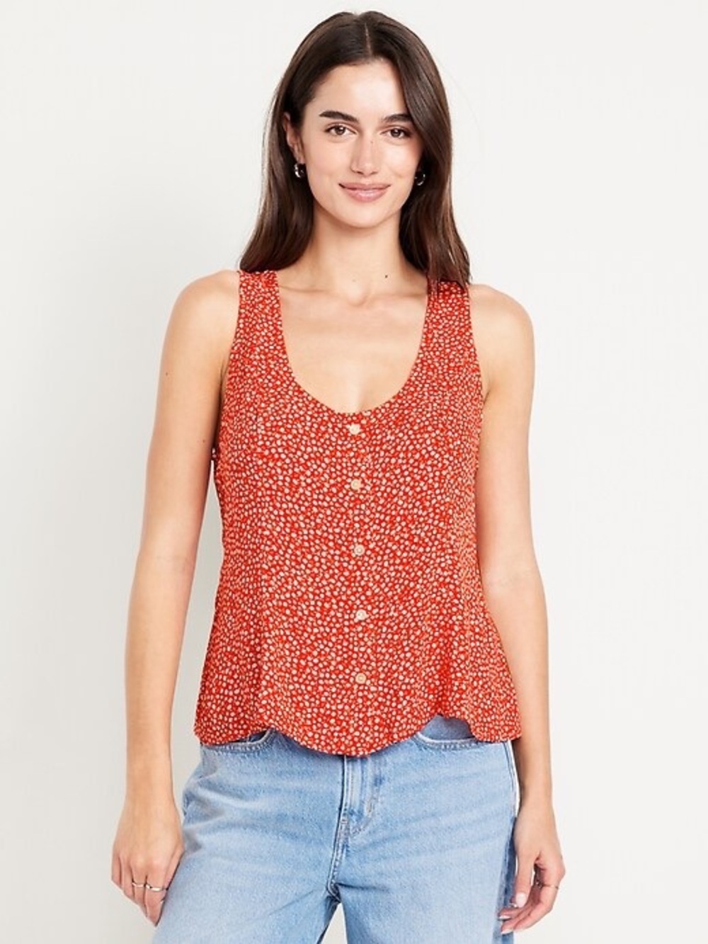 Old Navy Red Floral Button-Front Scoop Tank